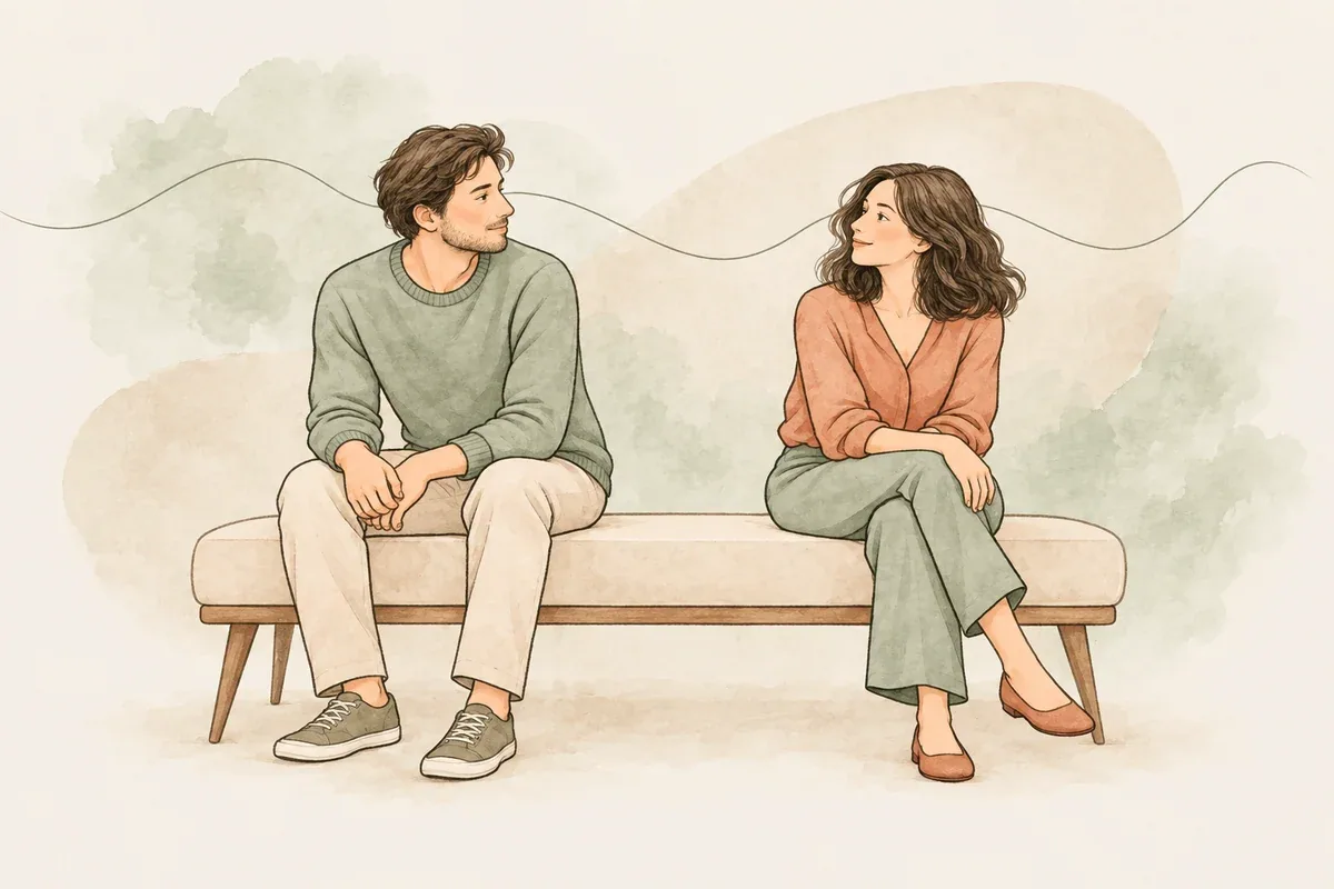 Illustrazione ad acquerello di due partner seduti uno accanto all’altra, rivolti verso un dialogo